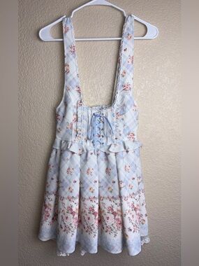 RARE HTF Liz Lisa Blue Plaid w/Floral Overall Mini Skirt Dress sz 0 EUC